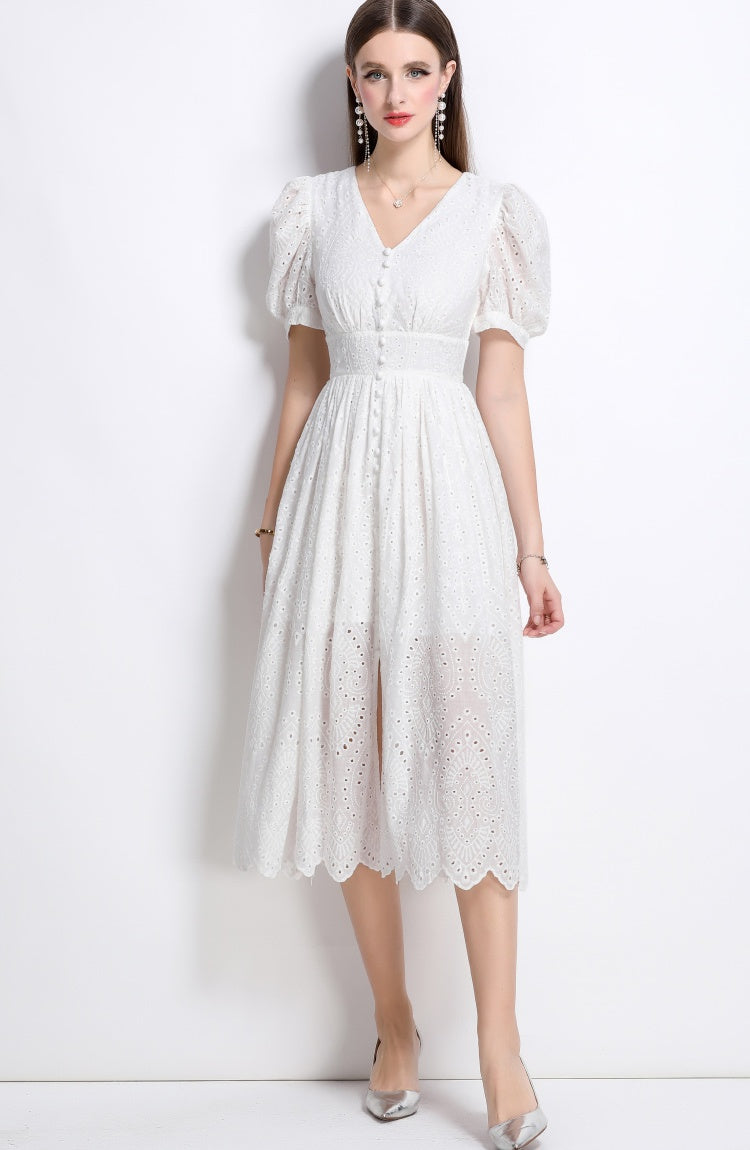 CM-DY040343 Women Elegant European Style V-Neck Short Sleeve Single-Breasted Dress - White