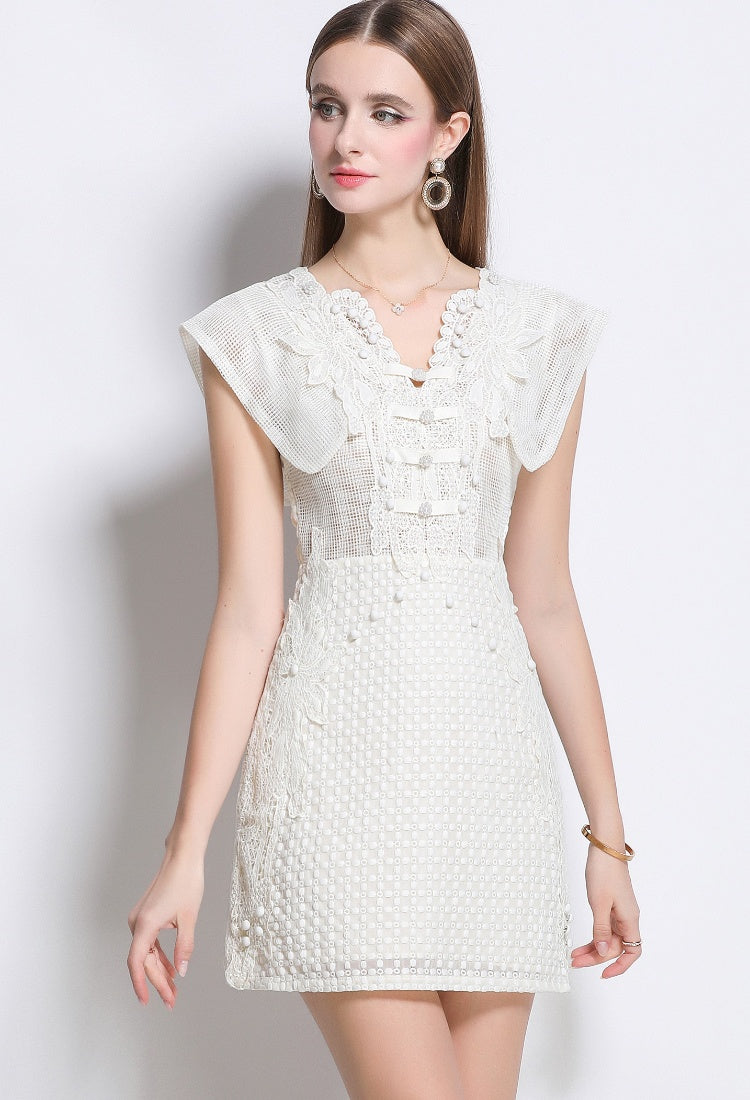 CM-DY040346 Women Elegant European Style Hollow V-Neck Boat Sleeve Mini Dress - Beige