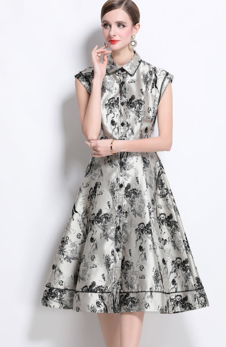 CM-DY040349 Women Elegant European Style Polo Collar Sleeveless Jacquard Midi Dress