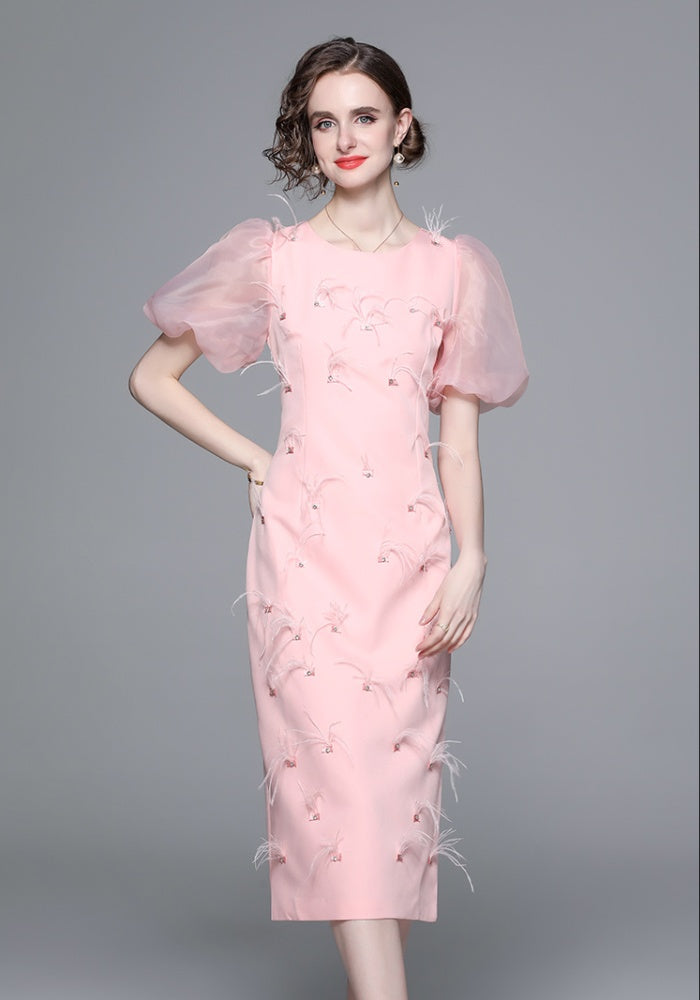 CM-DY040419 Women Elegant European Style Beading Round Neck Short Sleeve Midi Dress - Pink