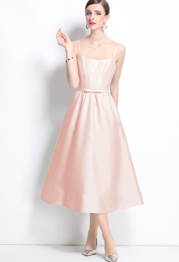 CM-DY040718 Women Elegant European Style Sleeveless Pinched Waist Midi Dress - Pink