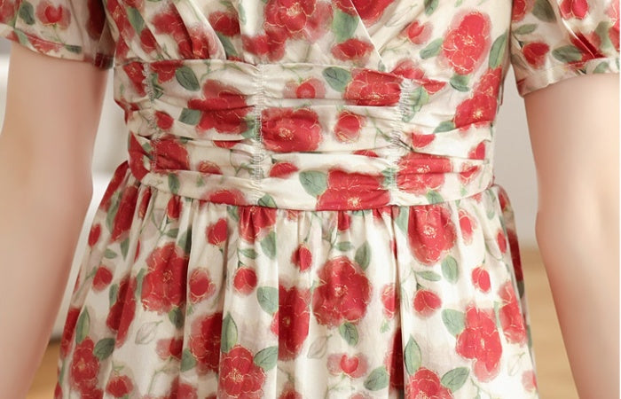 CM-DY040798 Women Casual Seoul Style Floral Print V-Neck Puff Sleeve Mid-Length Dress