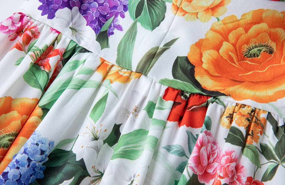 CM-DY040801 Women Elegant European Style Floral Print Sleeveless Elastic Pinched Waist A-Line Dress
