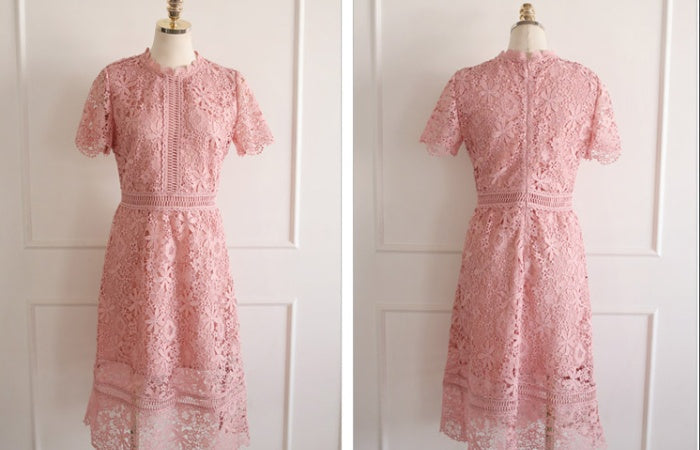 CM-DY041062 Women Elegant Seoul Style Round Neck Short Sleeve Pinched Waist Hollow Dress - Pink