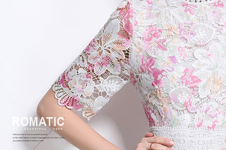 CM-DY041078 Women Elegant European Style Lace Round Neck Slim Short Sleeve Mid-Length Dress - Light Pink