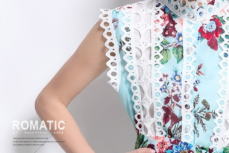 CM-DY041082 Women Elegant European Style Stand Collar Sleeveless A-Line Midi Dress