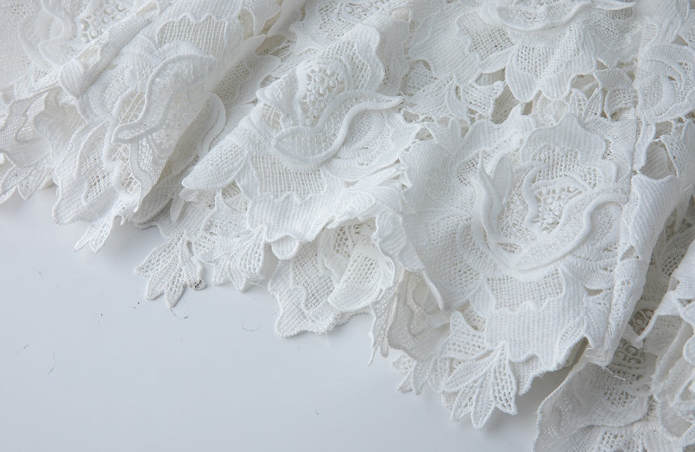CM-DY041311 Women Elegant European Style Floral Lace Stand Collar Cap Sleeve Mid-Length Fishtail Dress - White
