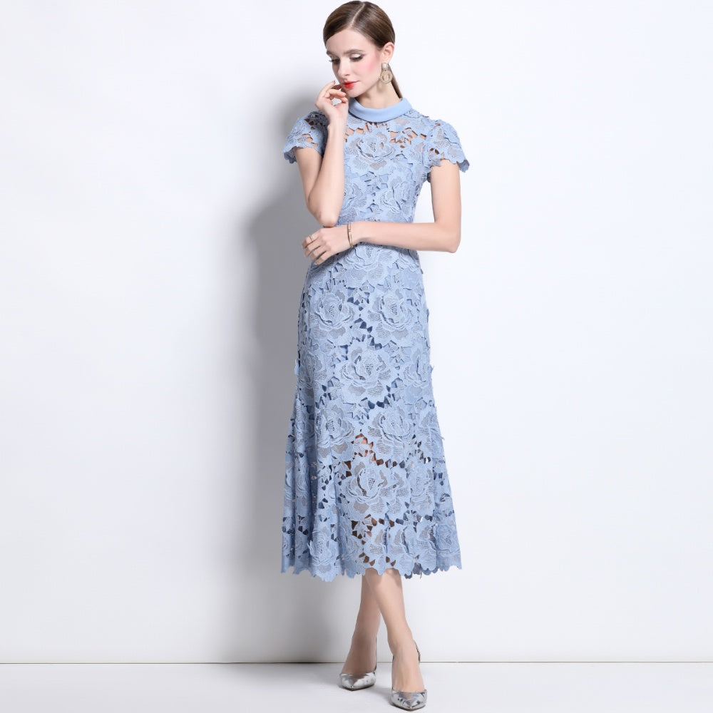 CM-DY041337 Women Elegant European Style Round Neck Short Sleeve Lace Fishtail Dress - Blue