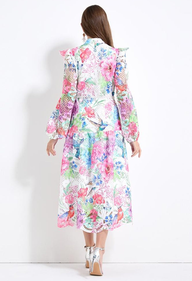 CM-DY041430 Women Elegant European Style Floral Prints Long Sleeve Pinched Waist Maxi Dress - Pink