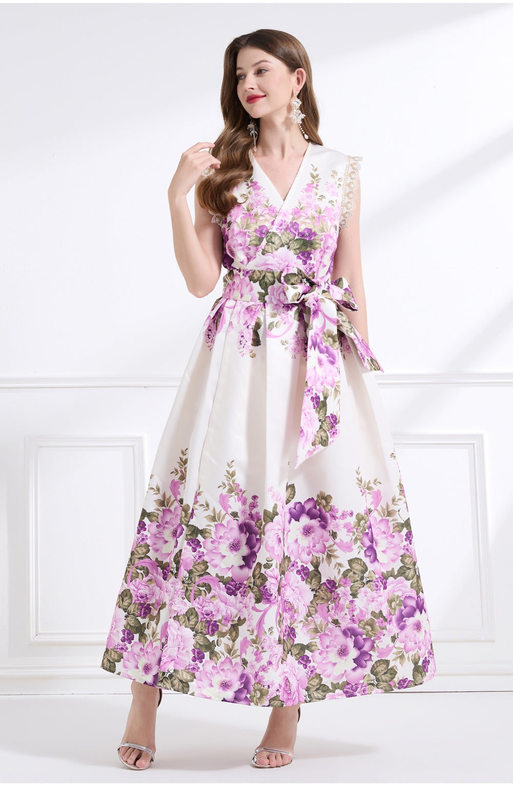 CM-DY041435 Women Trendy Bohemian Style Floral Print V-Neck Boat Sleeve Long Dress - Apricot