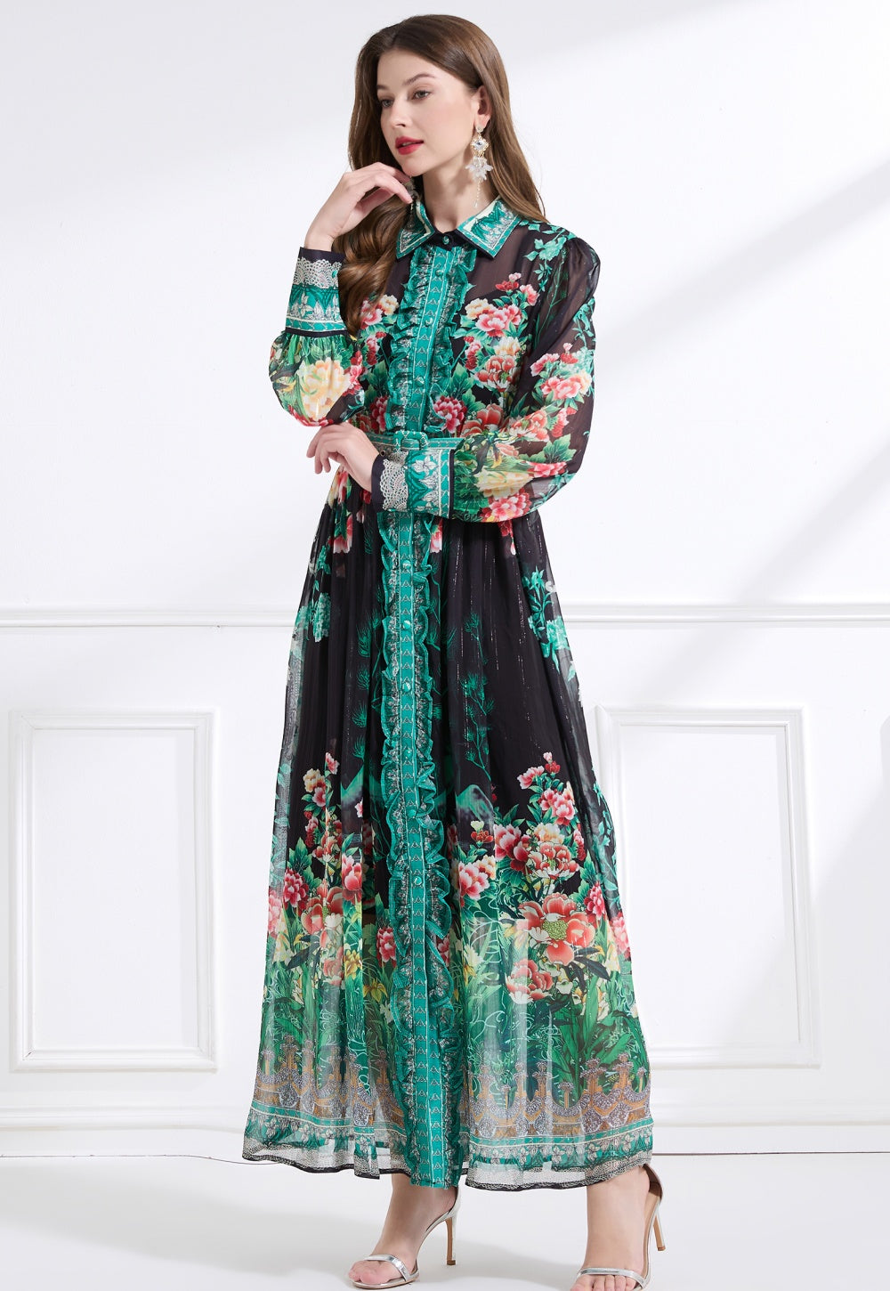CM-DY041436 Women Trendy Bohemian Style Chiffon Bow Decor Long Sleeve Belted Maxi Dress - Black