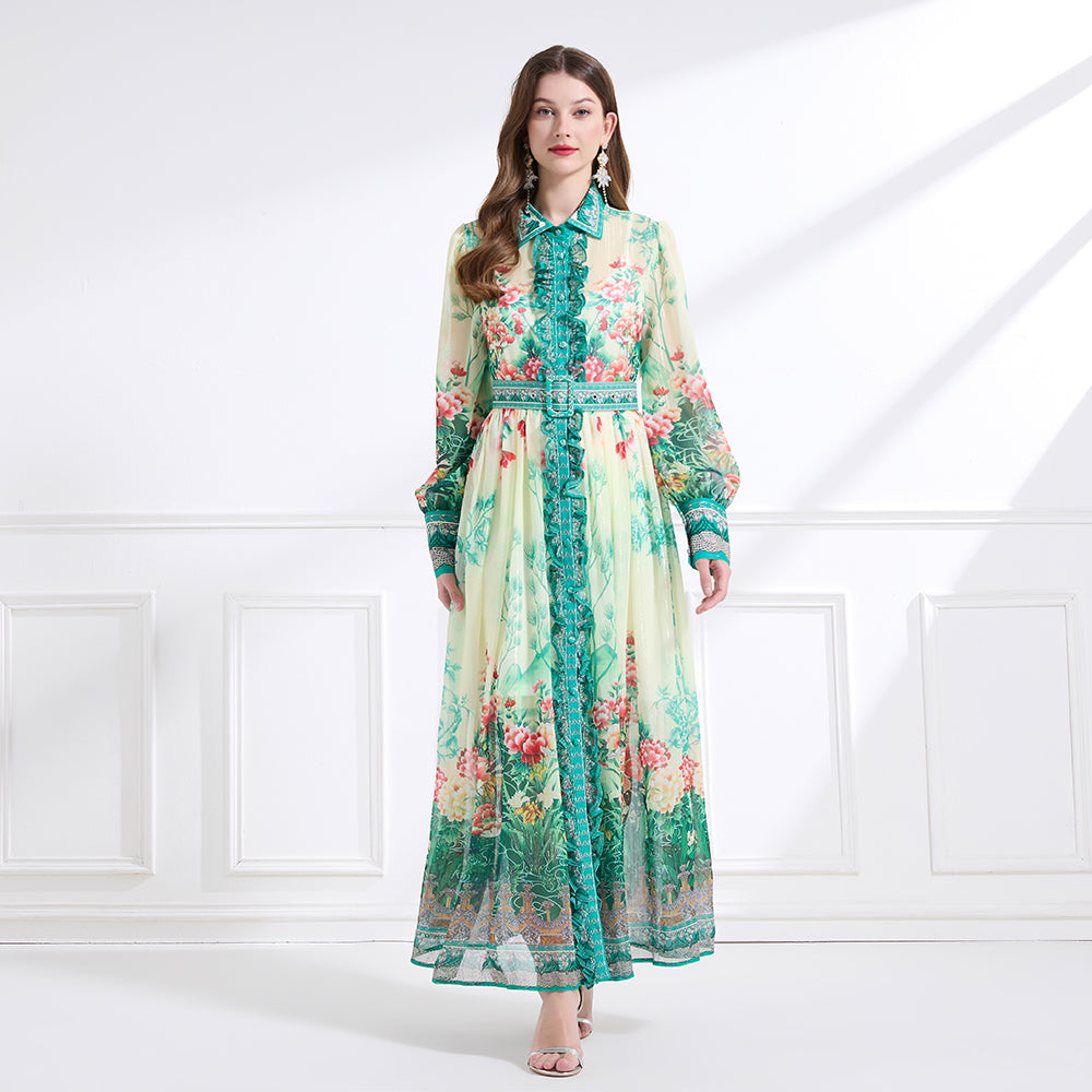 CM-DY041437 Women Trendy Bohemian Style Chiffon Bow Decor Long Sleeve Belted Maxi Dress - Apricot