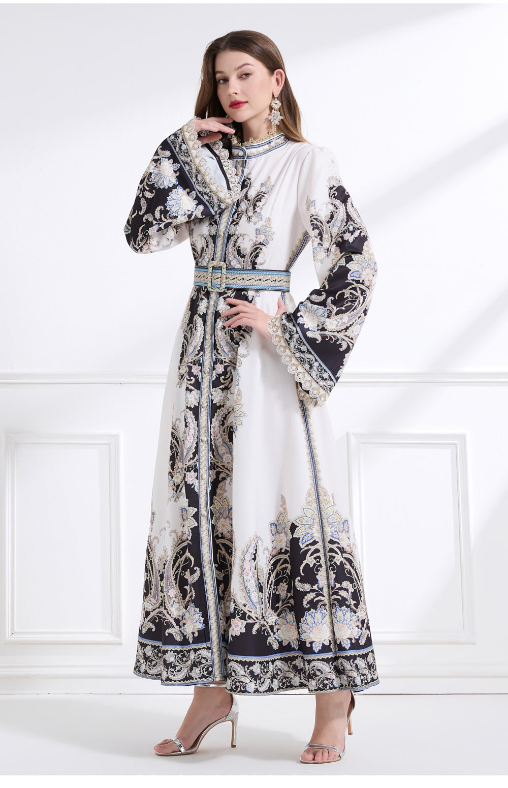 CM-DY041444 Women Trendy Bohemian Style Stand Collar Long Sleeve Belted Maxi Dress - White