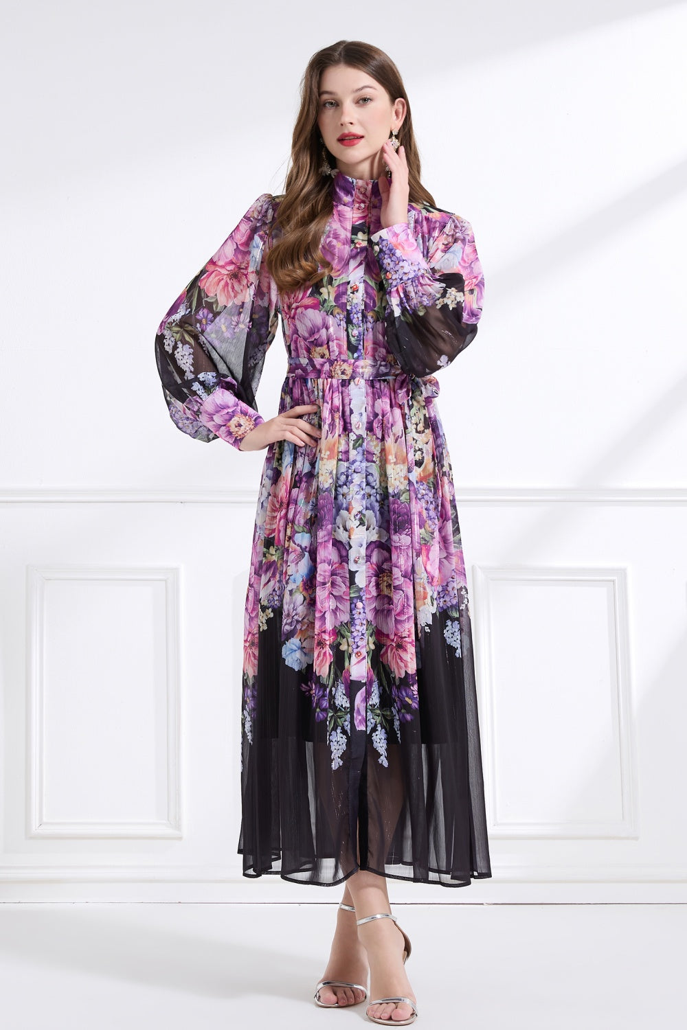 CM-DY041447 Women Trendy Bohemian Style Stand Collar Long Sleeve Pinched Waist Maxi Dress