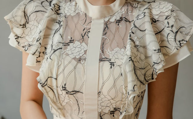 CM-DY041625 Women Casual Seoul Style Lace Stand Collar Short Sleeve Slim Dress - Beige