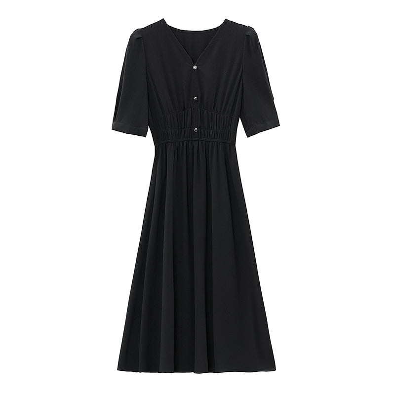 CM-DY041665 Women Casual Seoul Style V-Neck Puff Sleeve Sunscreen Dress - Black