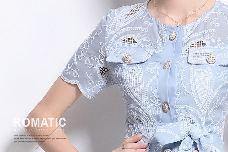 CM-DY041749 Women Elegant European Style Embroidered Round Neck Short Sleeve Midi Dress - Sky Blue