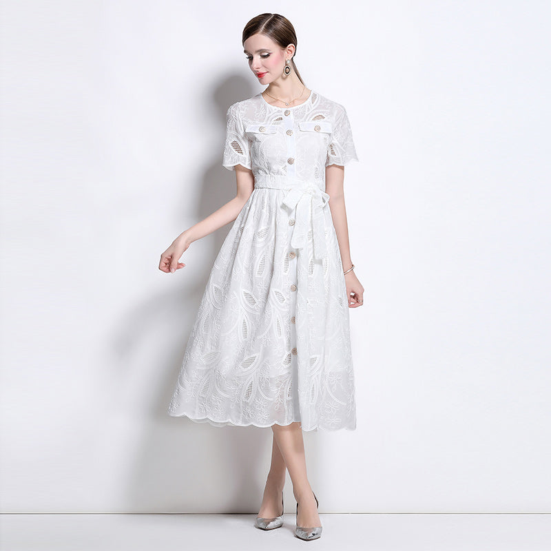 CM-DY041750 Women Elegant European Style Embroidered Round Neck Short Sleeve Midi Dress - White