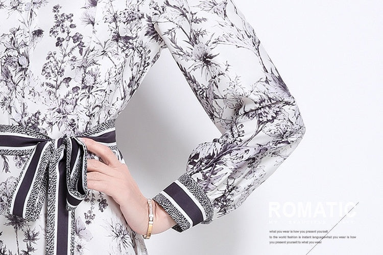 CM-DY042010 Women Elegant European Style All-Over Print Collar Neckline Belted Pinched Waist Dress