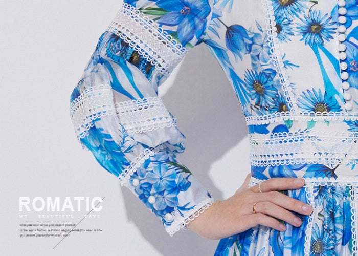 CM-DY042059 Women Elegant European Style Stand Collar Lantern Sleeve Mini Dress - Blue