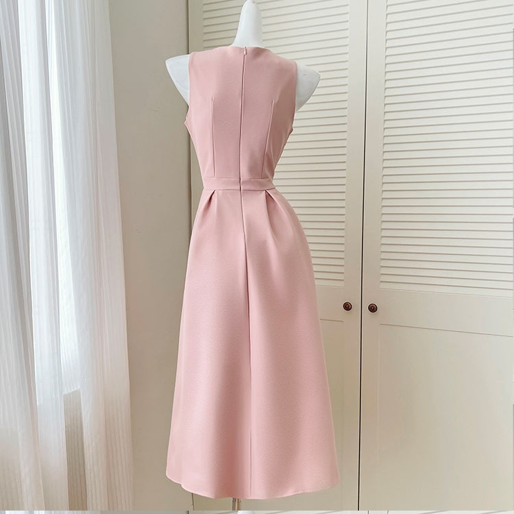 CM-DY042084 Women Elegant European Style Square Neck Sleeveless Pinched Waist Slim Mid-Length Dress - Pink