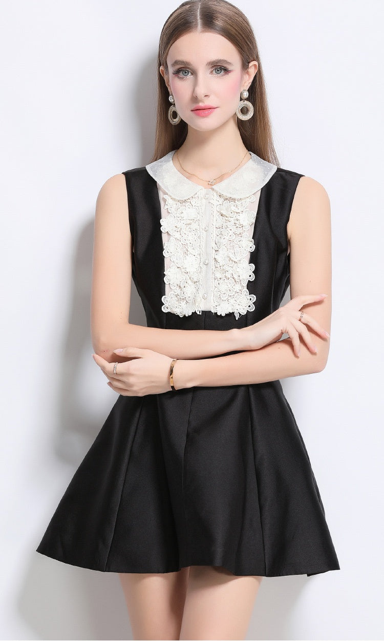 CM-DY042092 Women Elegant European Style Doll Collar Lace Sleeveless A-Line Mini Dress - Black