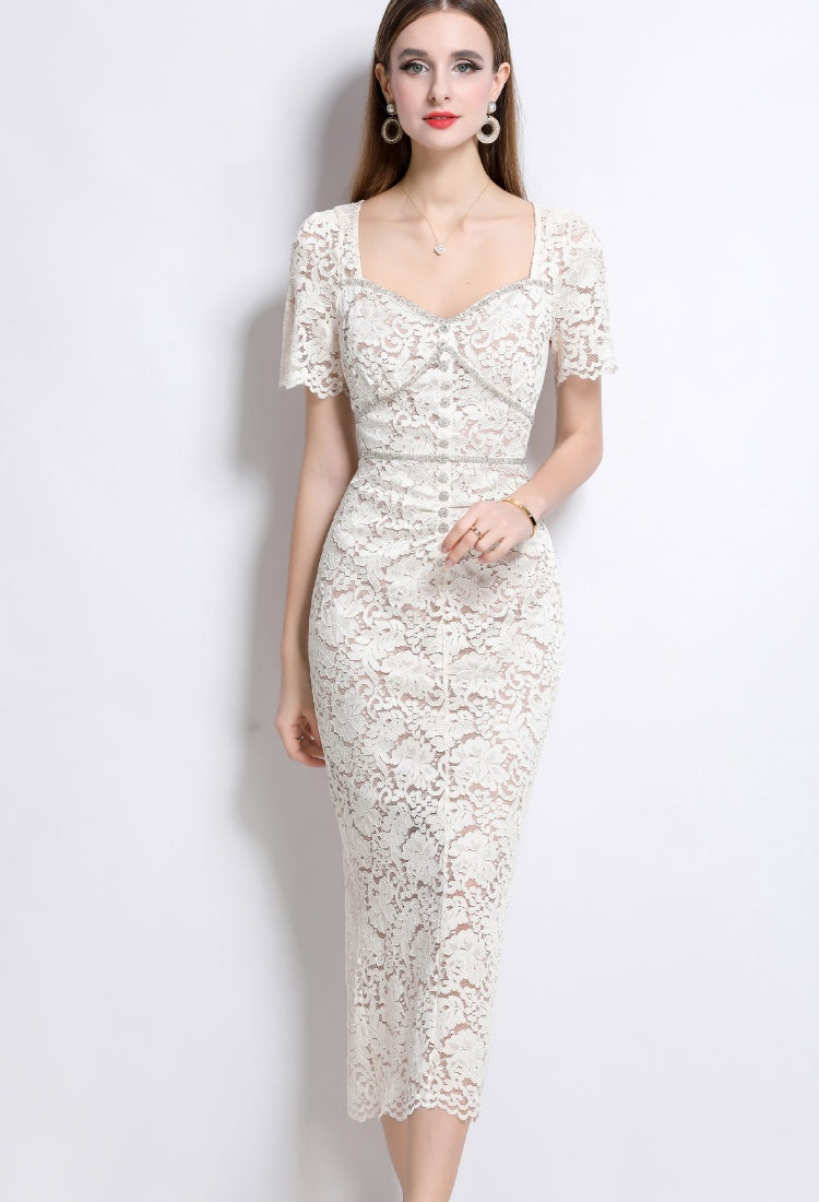CM-DY042093 Women Elegant European Style Square Collar Short Sleeve Lace Mid-Length Dress - Apricot
