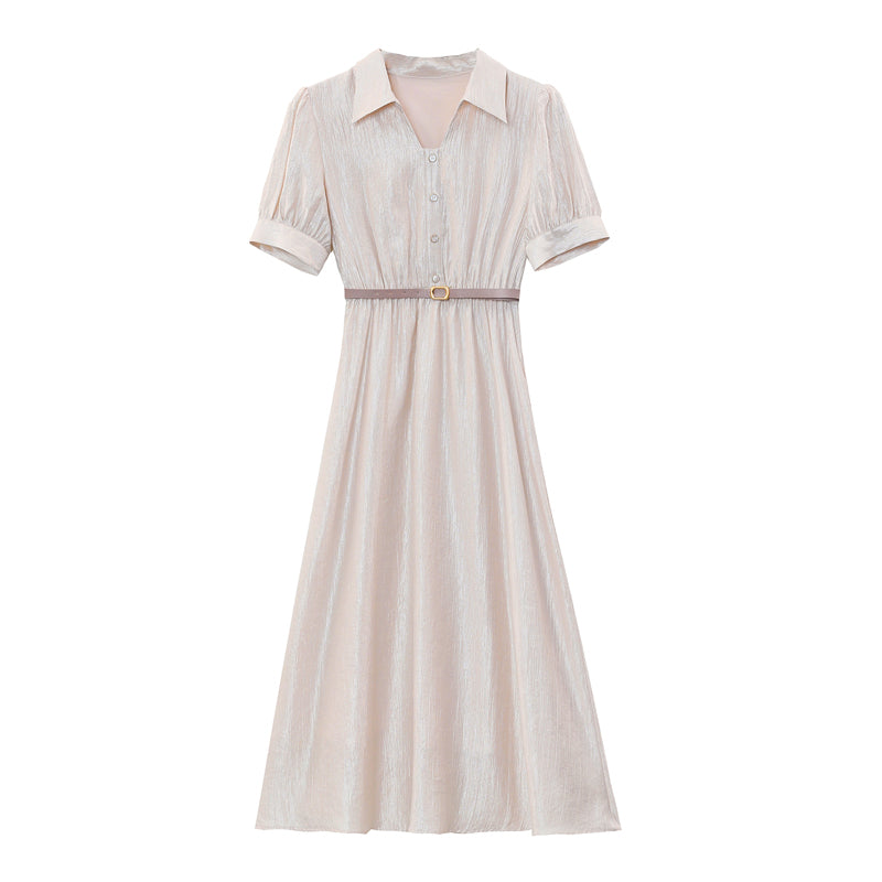CM-DY042100 Women Casual Seoul Style V-Neck Short Sleeve A-Line Midi Dress - Light Pink