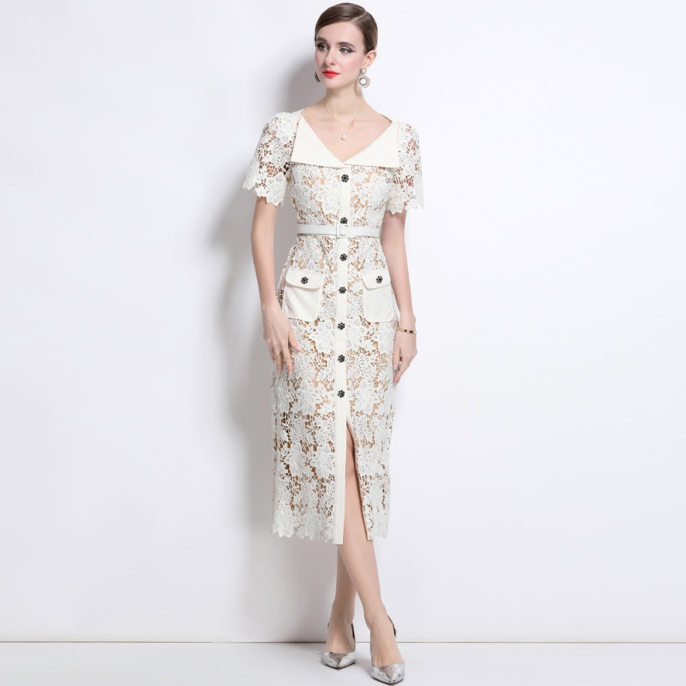 CM-DY042187 Women Elegant European Style Hollow V-Neck Short Sleeve Midi Dress With Belt - Apricot