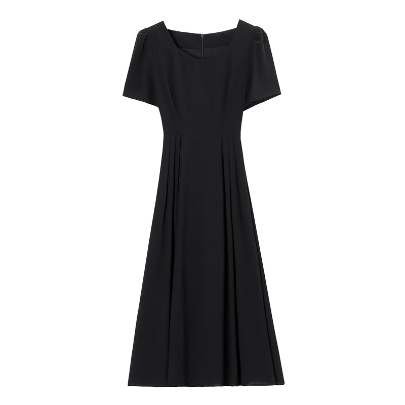 CM-DY042200 Women Casual Seoul Style U-Neck Short Sleeve Mid-Length Dress - Black