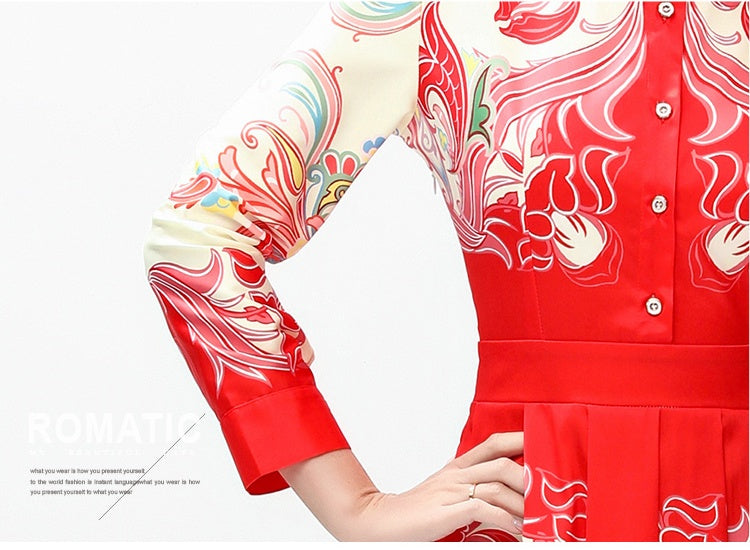 CM-DY042388 Women Elegant European Style All-Over Print Collar Neckline Long Sleeve Mid-Length Dress
