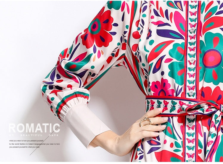 CM-DY042391 Women Elegant European Style All-Over Print Stand Collar Puff Sleeve Maxi Dress