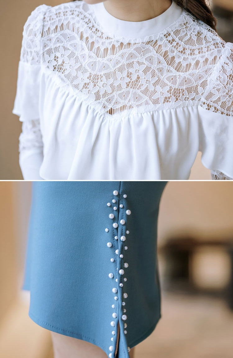 CM-SY043038 Women Elegant Seoul Style Lace Round Neck Long Sleeve Blouse With Midi Skirt - Set