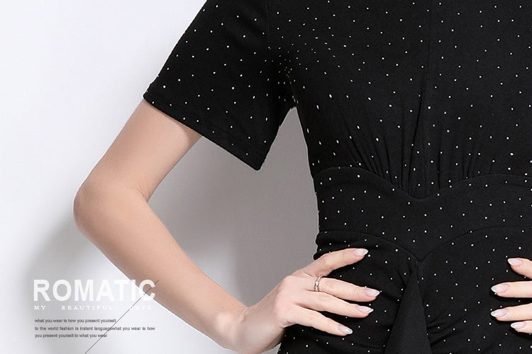 CM-DY043079 Women Elegant European Style V-Neck Short Sleeve Sequins Decor Pinched Waist Dress - Black