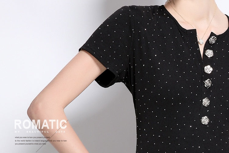 CM-DY043081 Women Elegant European Style Round Neck Shortc Sleeve Pinched Waist Slim Dress - Black