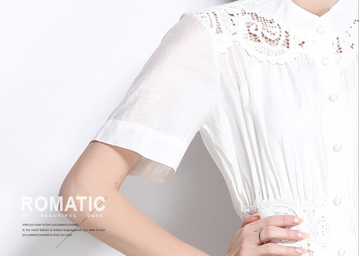CM-DY043084 Women Elegant European Style Stand Collar Short Sleeve Single-Breasted Mini Dress - White