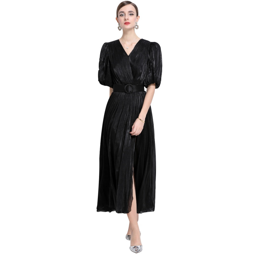 CM-DY043100 Women Elegant European Style V-Neck Puff Sleeve High Waist Long Dress - Black