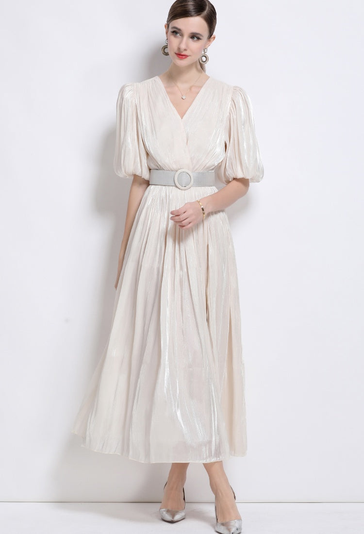 CM-DY043101 Women Elegant European Style V-Neck Puff Sleeve High Waist Long Dress - Apricot