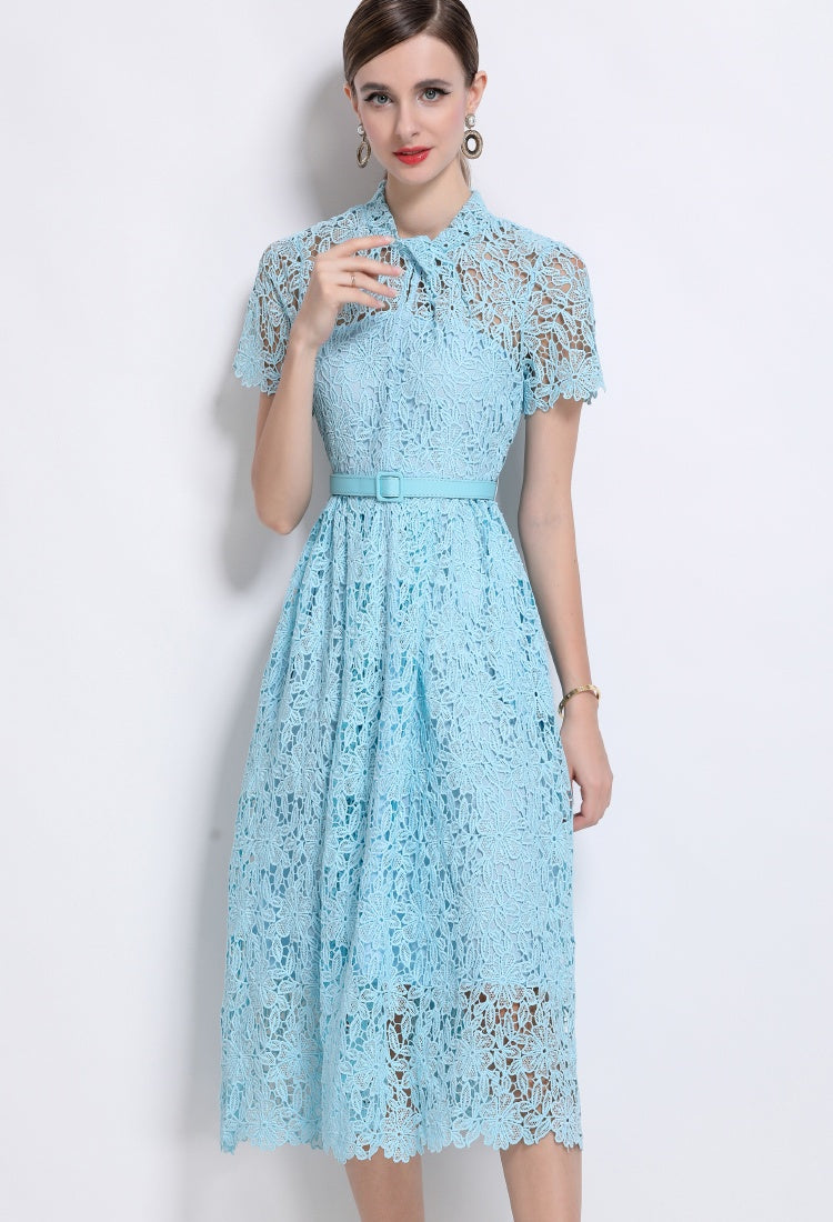 CM-DY043120 Women Elegant European Style Lace Round Neck Short Sleeve Mid-Length Dress - Blue
