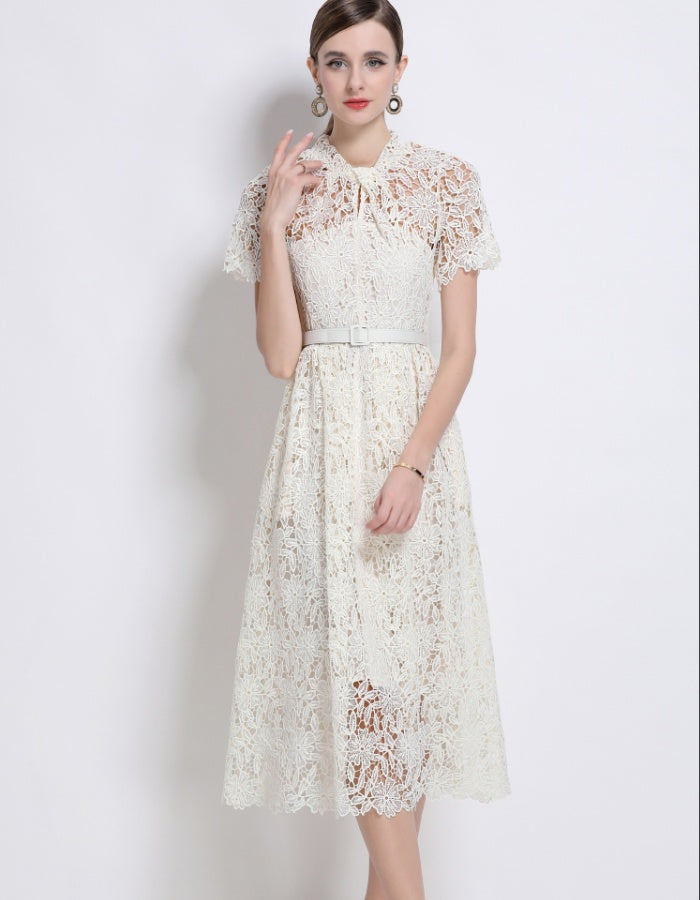 CM-DY043121 Women Elegant European Style Lace Round Neck Short Sleeve Mid-Length Dress - Apricot