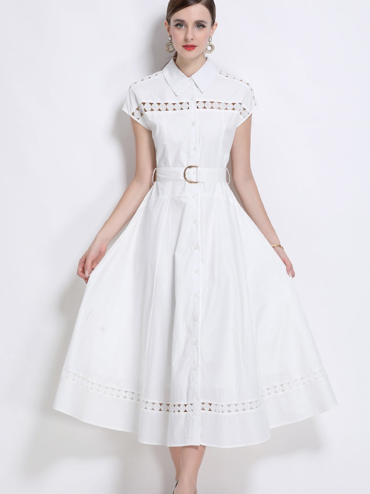 CM-DY043268 Women Elegant European Style Collar Neckline Sleeveless Belted Long Dress - White