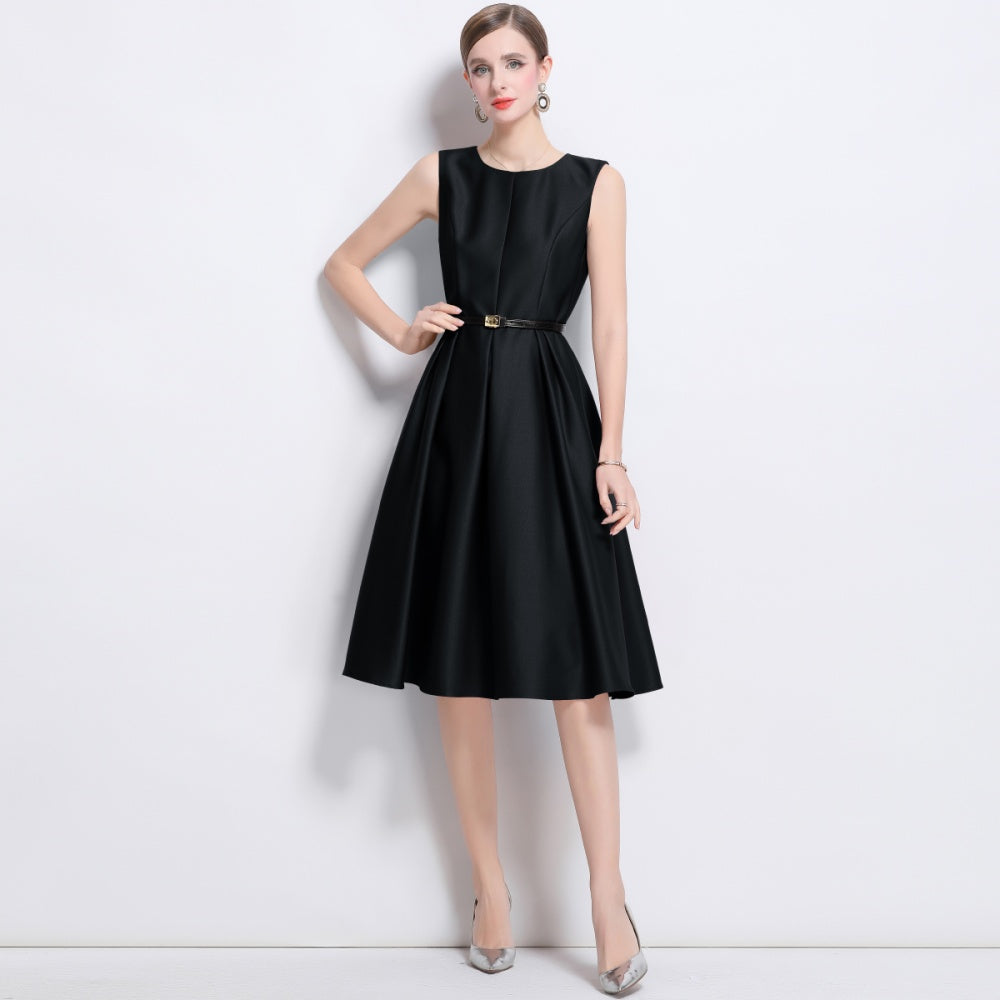 CM-DY043580 Women Elegant European Style Round Neck Sleeveless Pinched Waist A-Line Dress - Black