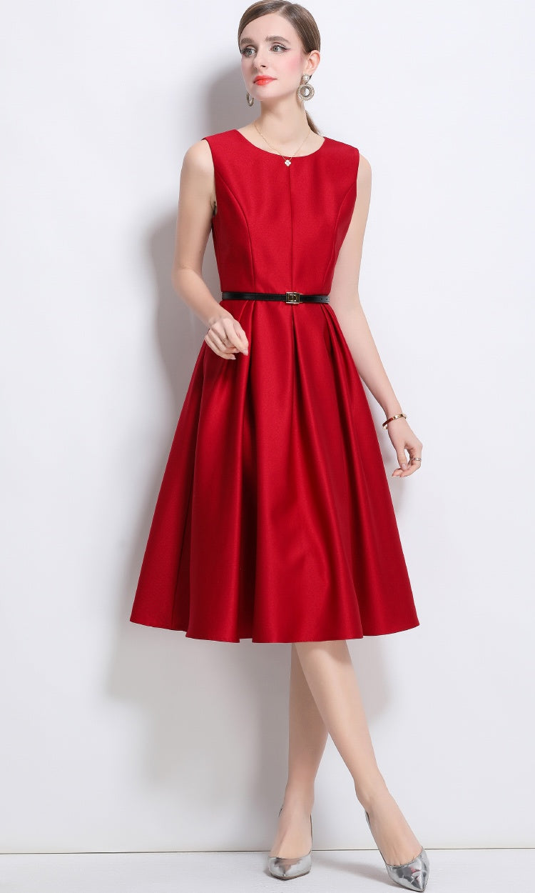 CM-DY043822 Women Elegant European Style Round Neck Sleeveless Pinched Waist Short Dress - Red