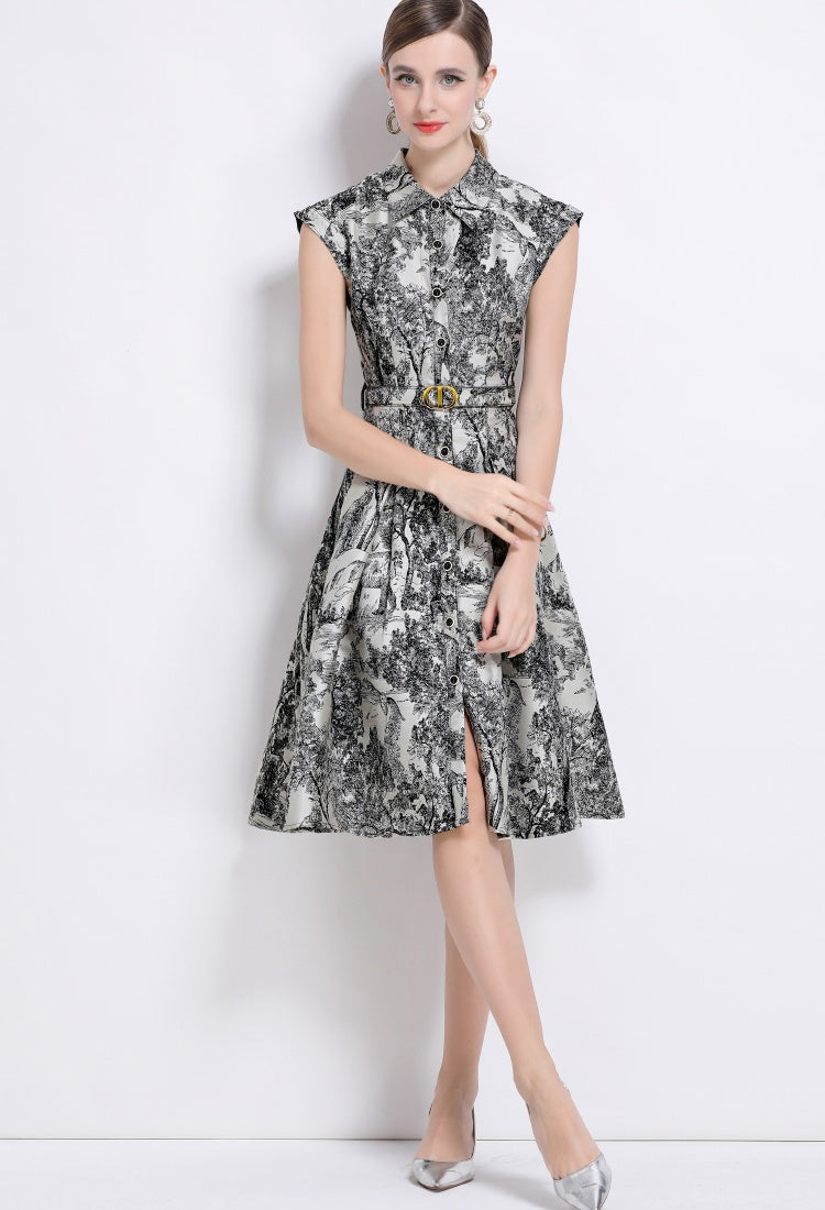 CM-DY044507 Women Elegant European Style Collar Neckline Sleeveless Single-Breasted Jacquard Belted Dress