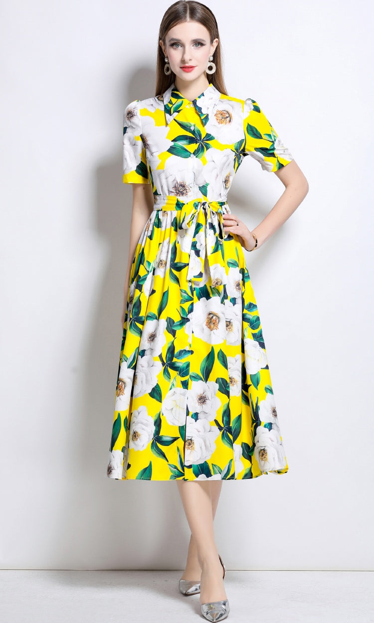 CM-DY044510 Women Elegant European Style Collar Neckline Short Sleeve Mid-Length Dress - Yellow