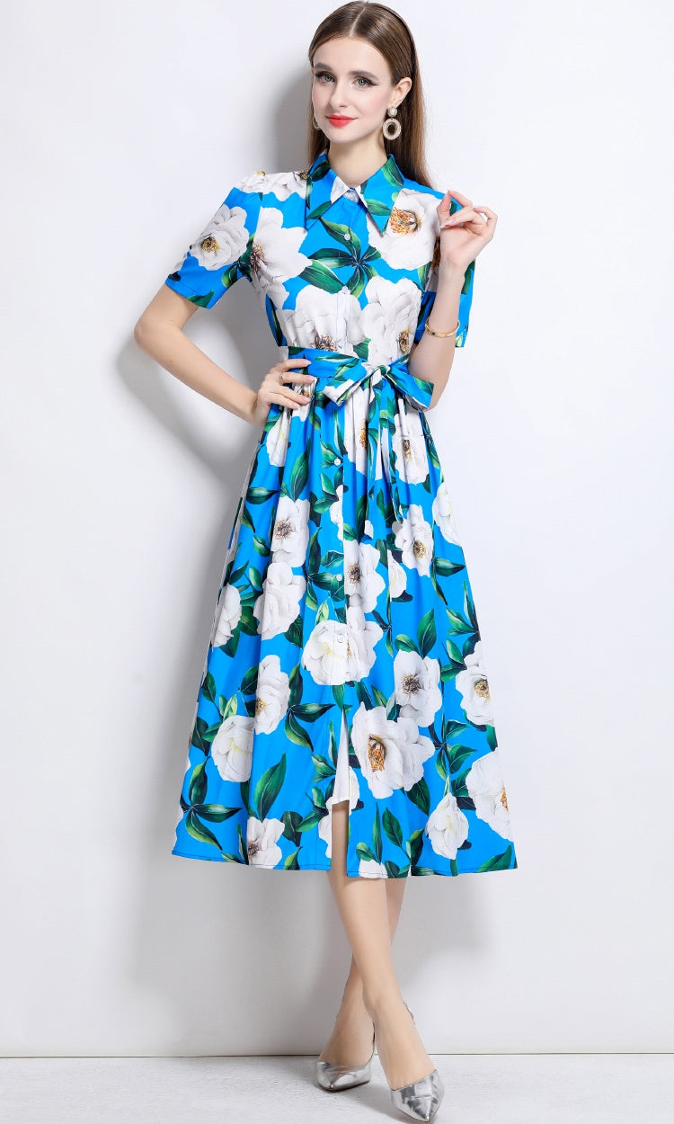 CM-DY044511 Women Elegant European Style Lapel Neckline Short Sleeve Mid-Length Dress - Blue