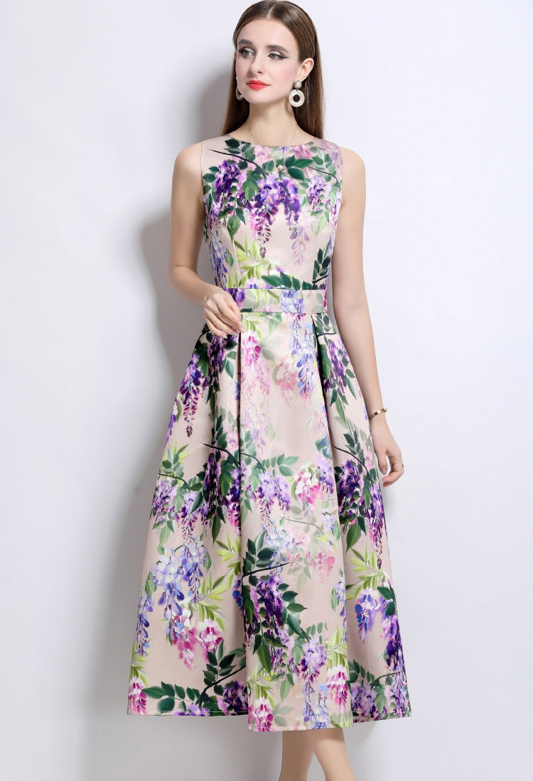 CM-DY044512 Women Elegant European Style Round Neck Sleeveless High Waist A-Line Dress