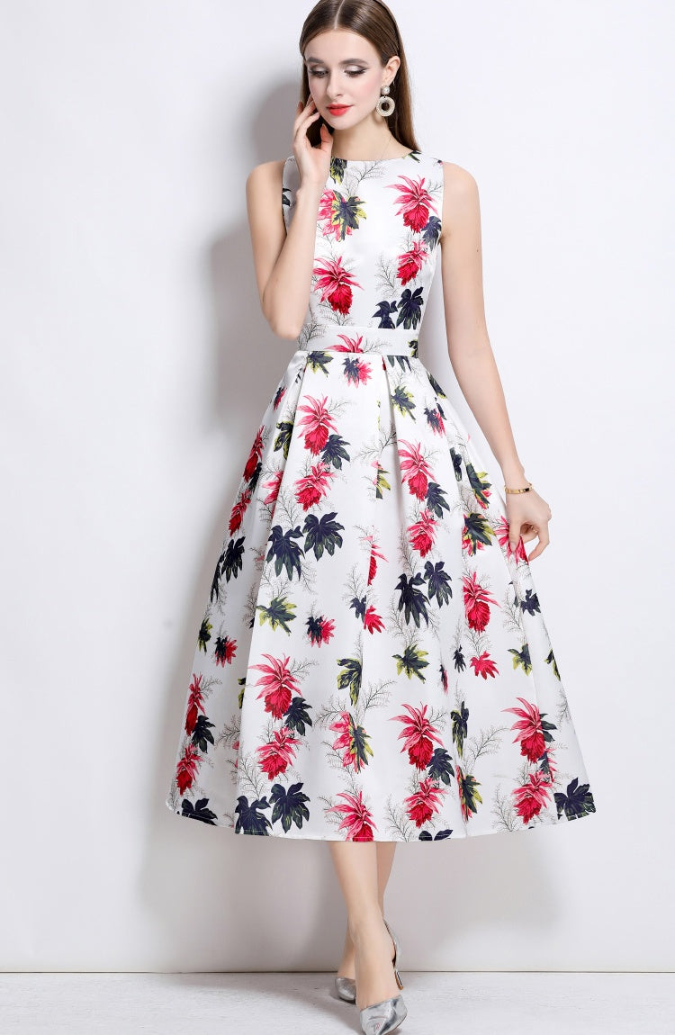 CM-DY044514 Women Elegant European Style Round Neck Sleeveless High Waist A-Line Dress