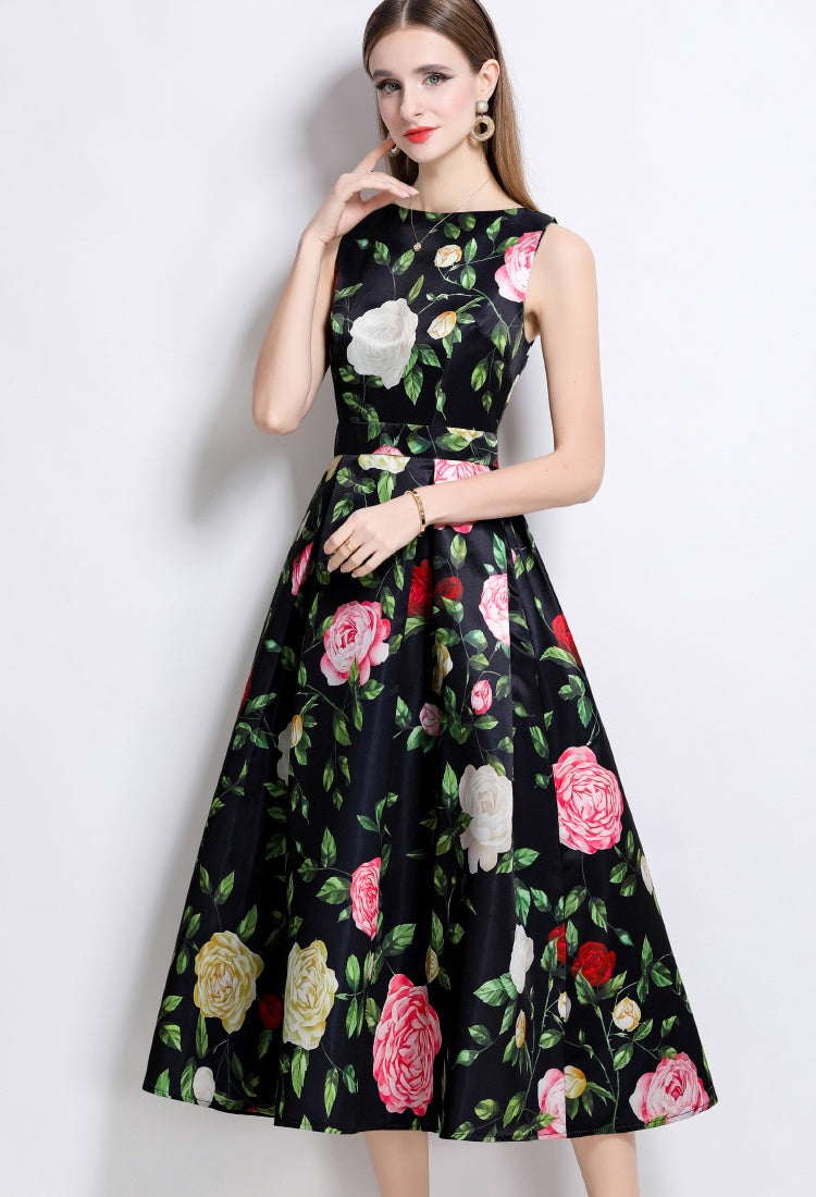 CM-DY044516 Women Elegant European Style Round Neck Sleeveless High Waist A-Line Dress