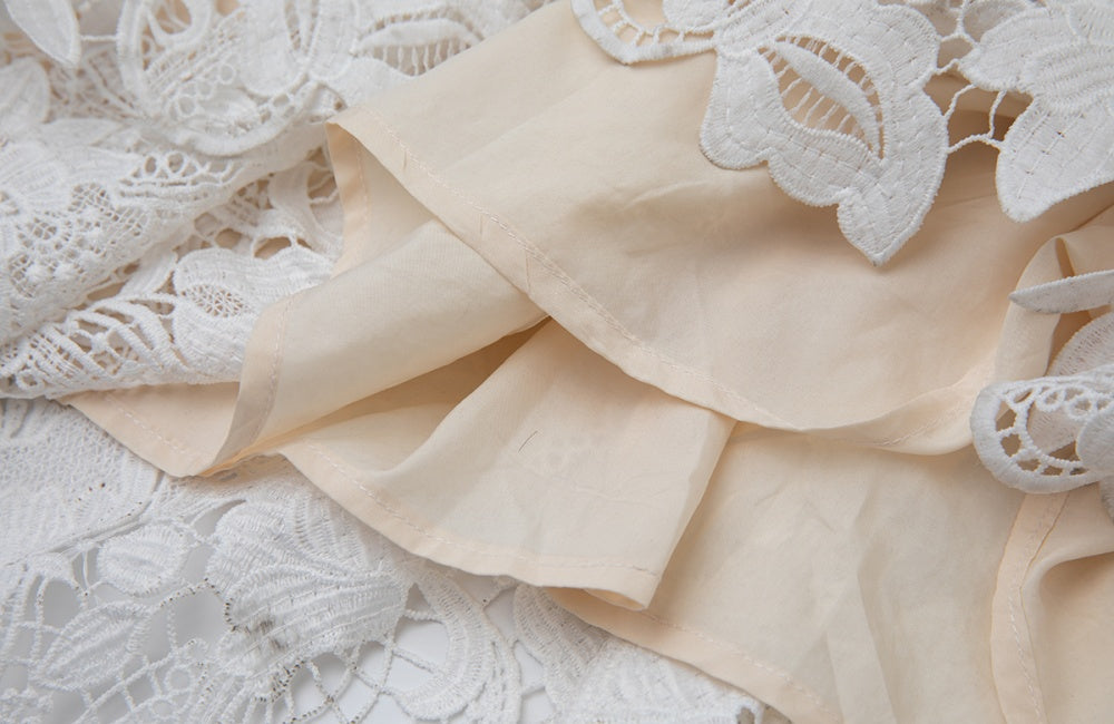 CM-DY044532 Women Elegant European Style Round Neck Sleeveless Gauze Lace Embroidery Midi Dress - White